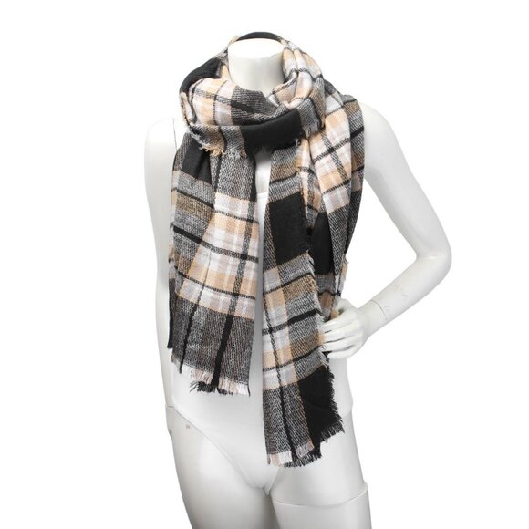 Plaid Soft Long Scarf Wrap WideBlack Brown White Yellow - Picture 5 of 6